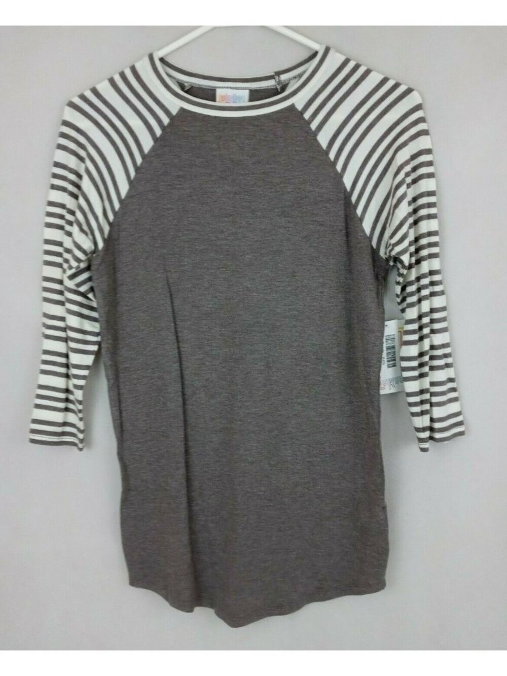 NWT LulaRoe Randy Shirt Gray With Gray & White Striped Sleeves Size XXS